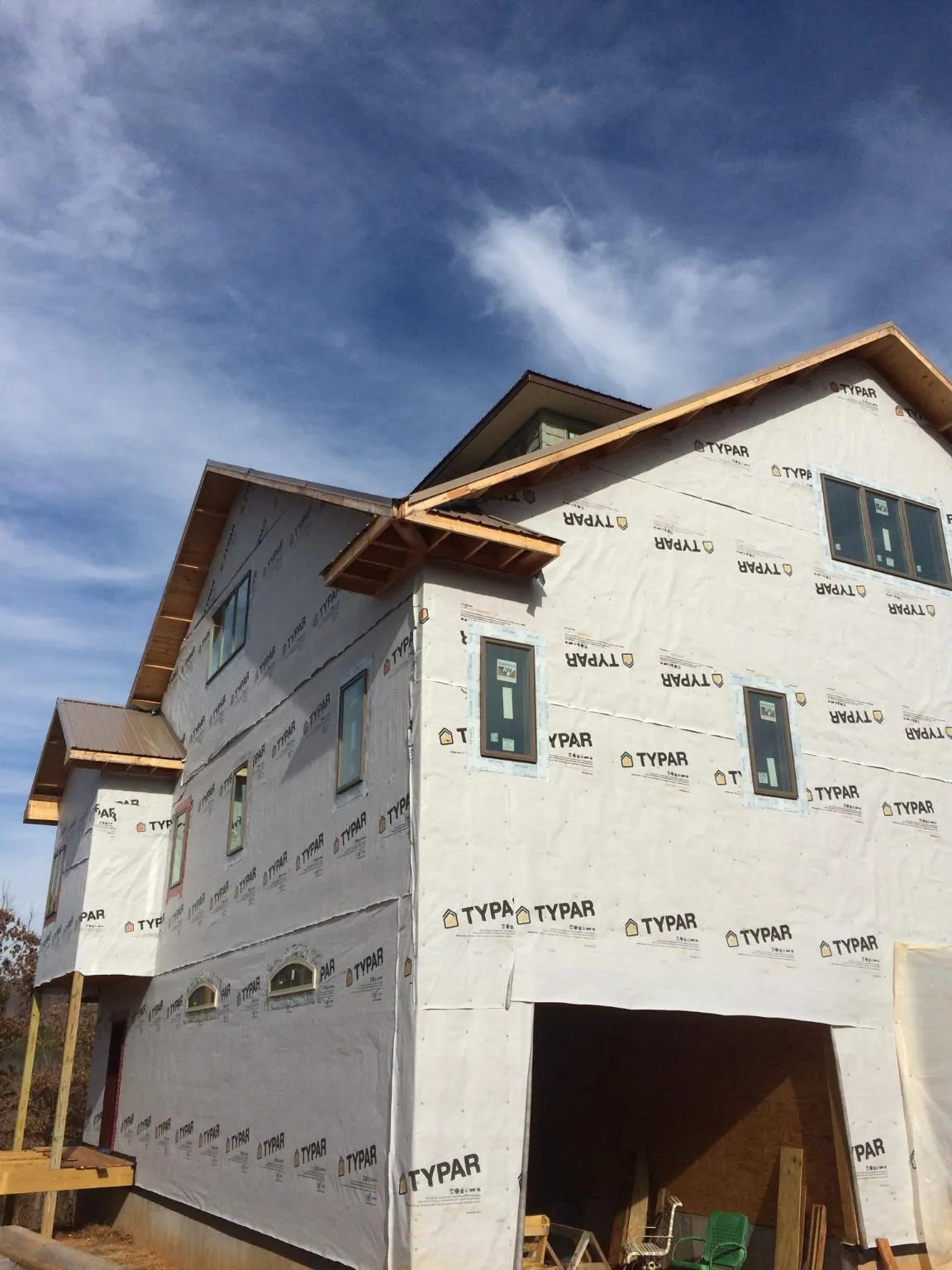 Stick built house wrapped in Typar with new roof framing and dormers in South Butler